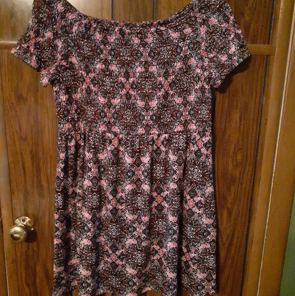 Black dress with white and pink design